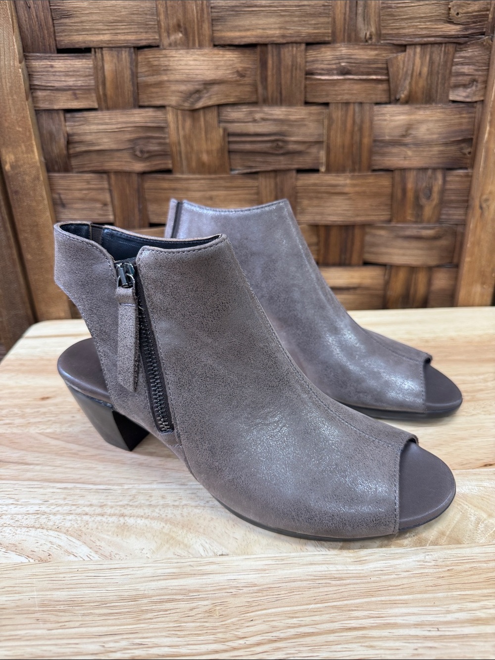 Munro Taupe Open-Toe Ankle Booties with Side Zip